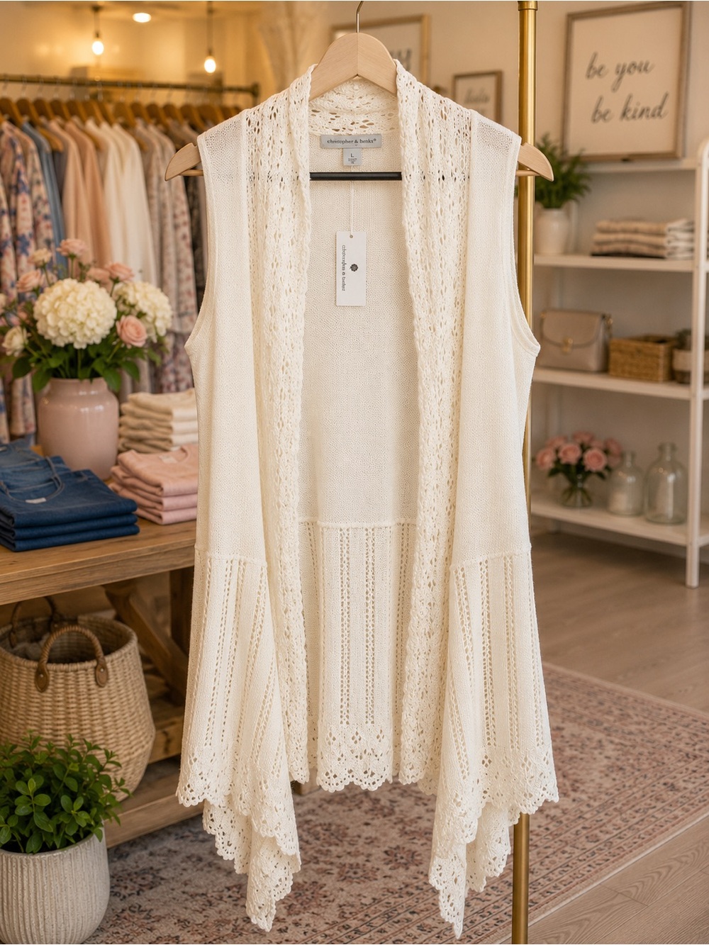 Christopher & Banks Ivory Open Front Crochet Knit Duster Vest Cardigan NWT L - Picture 2 of 12